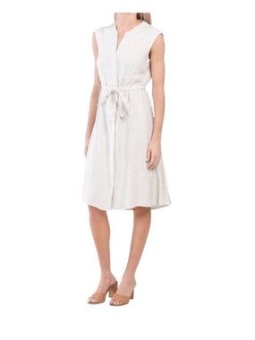 TAHARI Linen Sleeveless Tie Waist V-neck Hi-lo Midi Dress